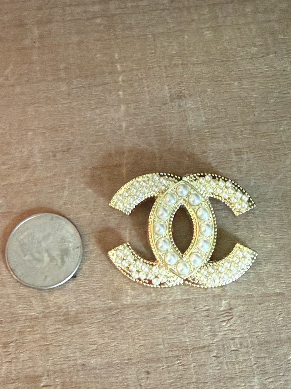 Gold Tone & Faux Pearl Double C Style Brooch – Classic Statement - Picture 4 of 7